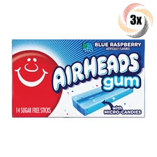 3x Packs Airheads Blue Raspberry Flavor Gum | 14 Sticks Per Pack | Sugar Free