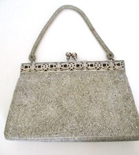 Inge Christopher Silver Beaded Purse Vintage Metal Clasp Clutch Long Handle VHTF