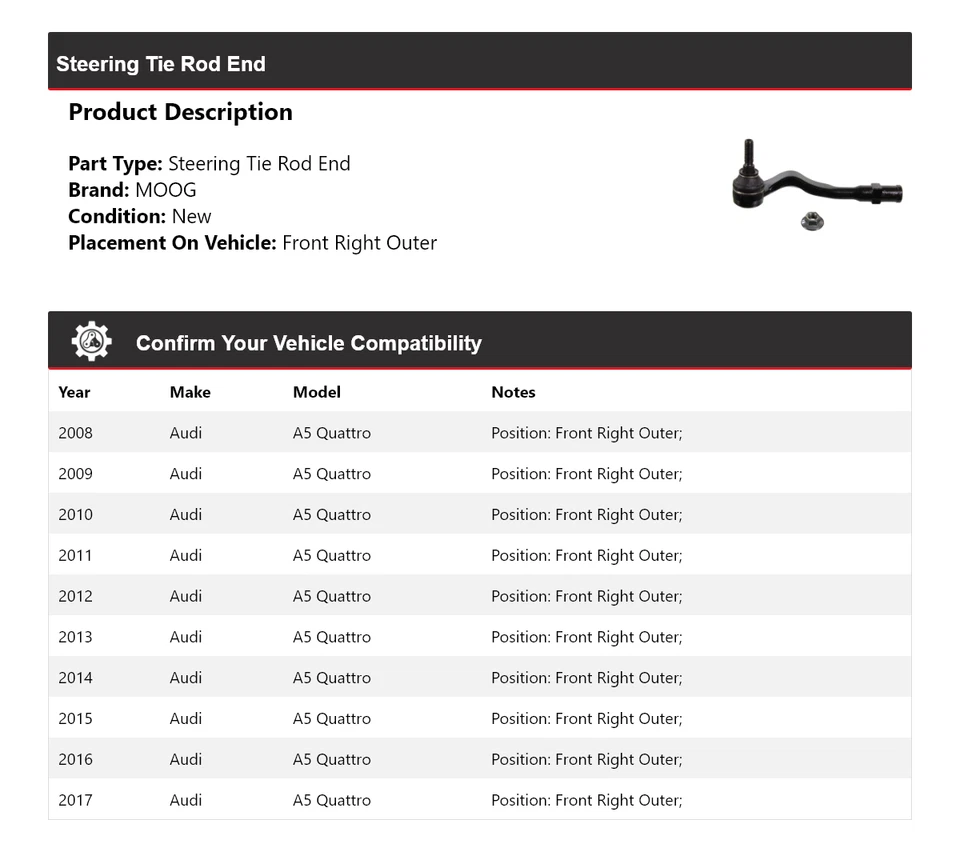 Для 2008-2017 Audi A5 Quattro руль анкерный конец передний правый внешний MOOG 2008 - Изображение 2 из 4