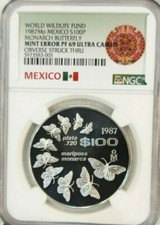 1987 MEXICO SILVER 100 PESOS MONARCH BUTTERFLY NGC PF 69 ULTRA CAMEO MINT ERROR