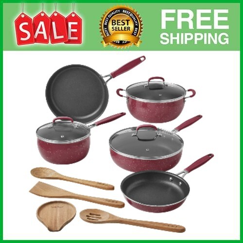 The Pioneer Woman Frontier Speckle 12-Piece Aluminum Cookware Set, Merlot