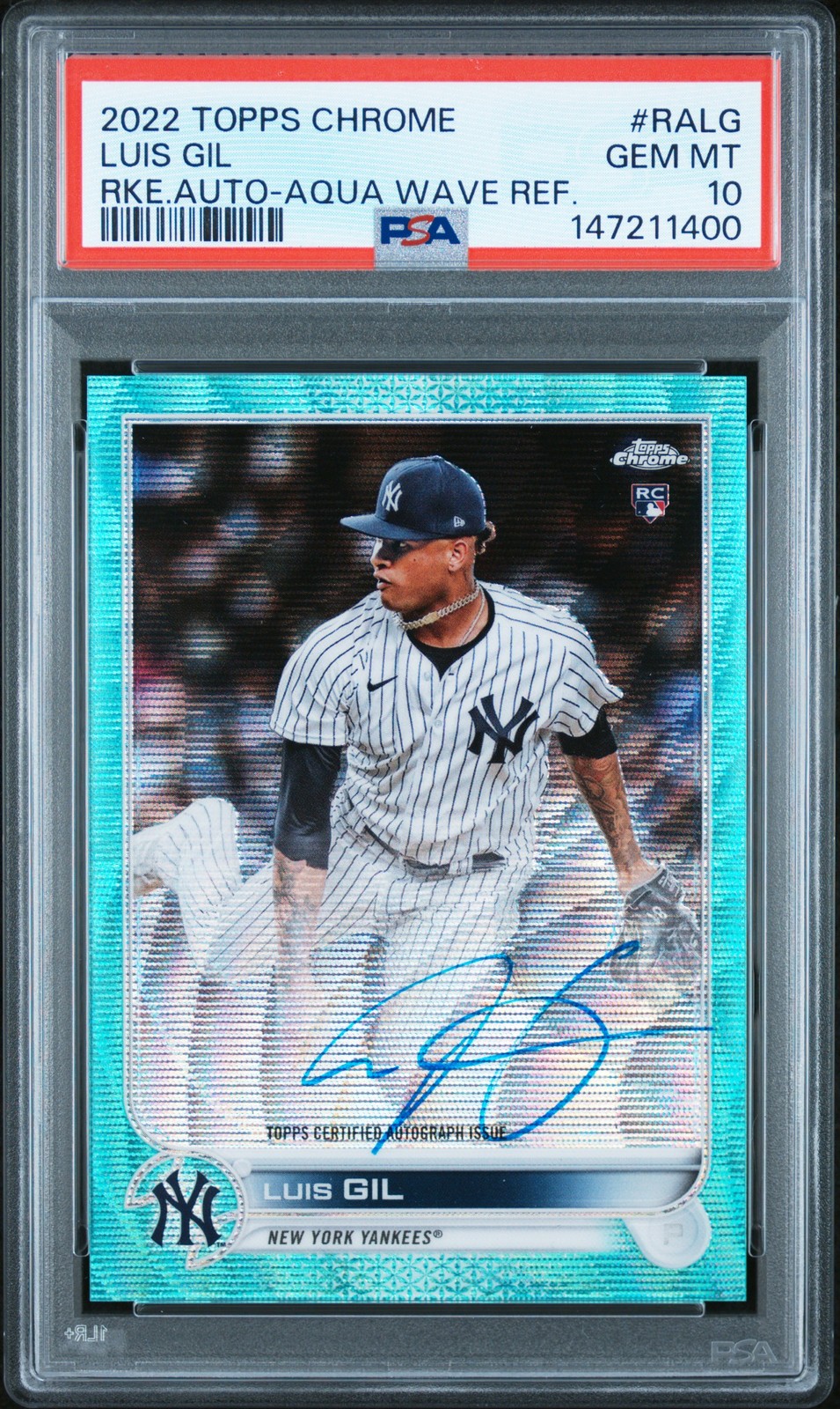 2022 TOPPS CHROME RC AUTOS AQUA WAVE REFRACTOR #RALG LUIS GIL 34/199 PSA 10 AUTO