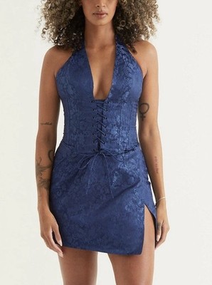 NWT ALANA EVE $229 JADE Lace-Up Corset Halter Party Mini 2X Dress Blue Brocade