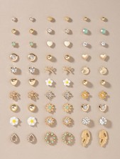 30 Pairs Multicolor Gold Tone Stud Earrings Set With Heart Flower Shell Leaf