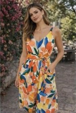 NWT VINCE CAMUTO Colorful Tropical Floral Midi Lined Dress Pockets Waist-Tie 14