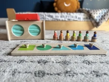 Lovevery Lot Of 3: Sensory Box, Friends Of All Shapes Puzzle, Post Play Pegs