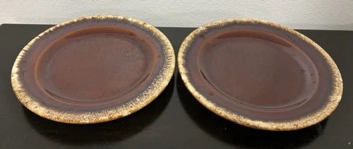 2 Vintage Hull Pottery Brown Drip Oven Proof 9 1/2” Rim Luncheon Plates USA