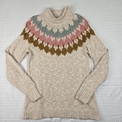 LL Bean Cotton Ragg Sweater Funnel Roll Neck Womens Medium Beige Fair Isle Knit 