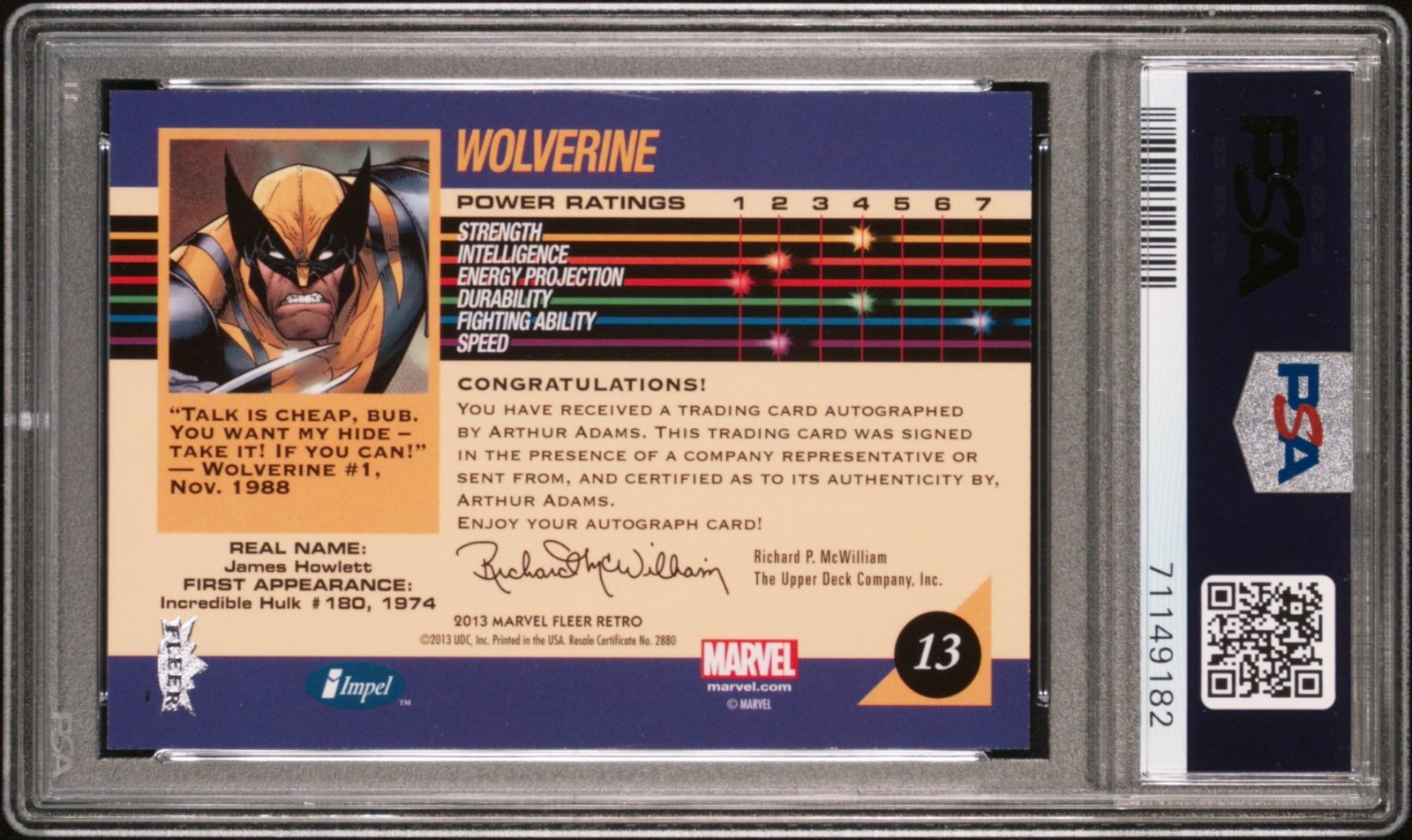 2013 Marvel Fleer Retro 1992 Impel Auto Arthur Adams Wolverine Universe #13 PSA view 3