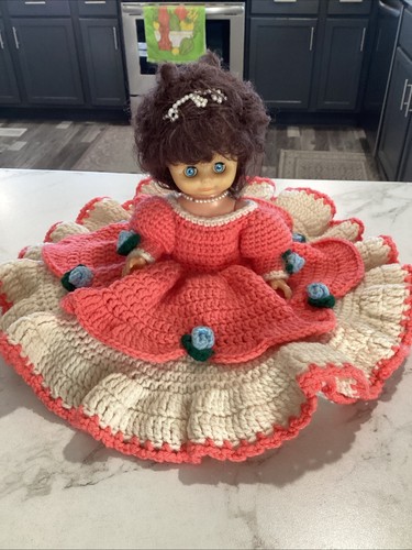 Vintage Doll W/ Crocheted Dress Brown Hair Blue Eyes
