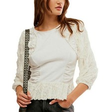 Nuovo Free People Olivia Top L aderente crema peplo maniche a palloncino Boho Lagenlook