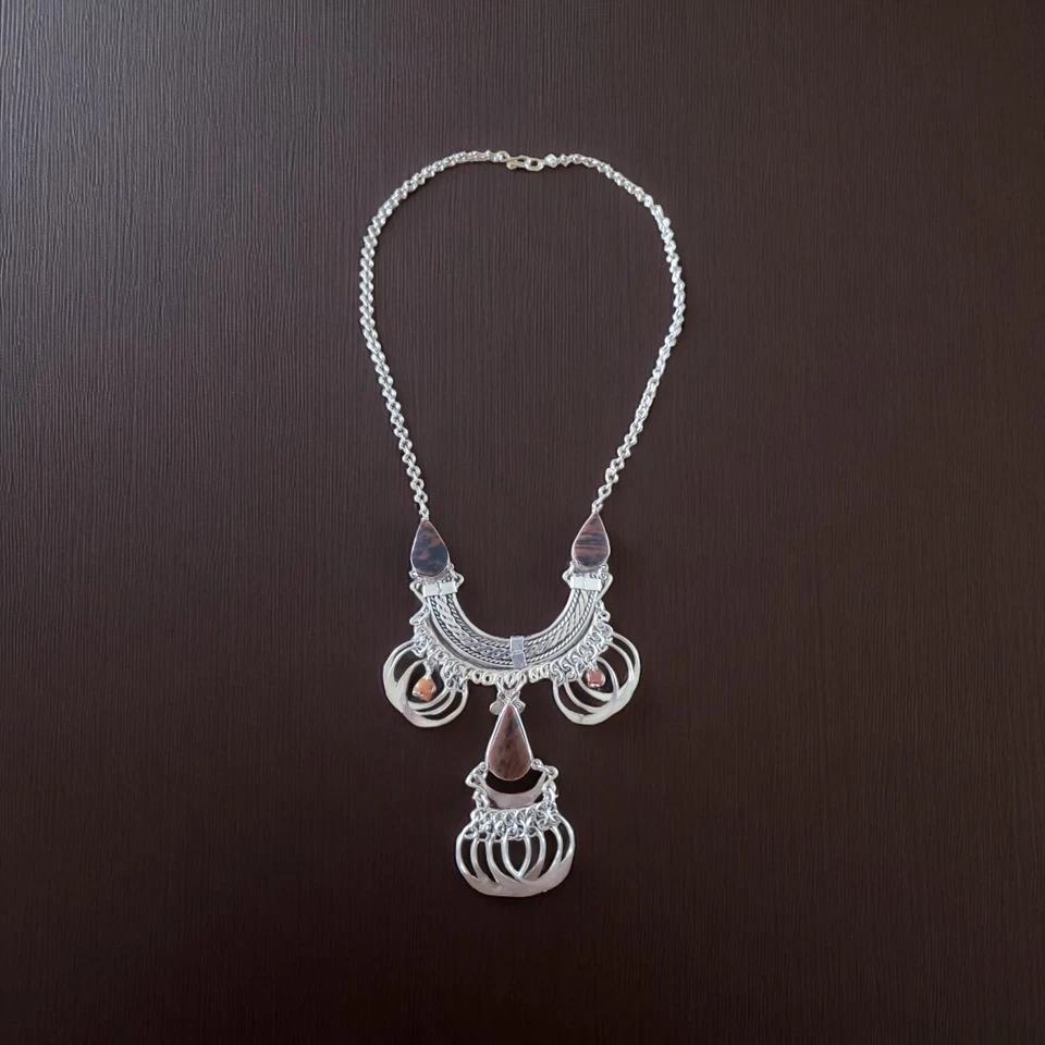 Colar declaração boho tom prata jaspe franja pendurada estilo tribal étnico 20" - Imagem 2 de 4