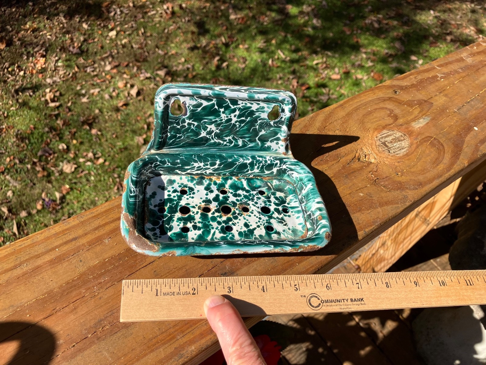 Antique Graniteware Enamelware Green & and White Swirl Soap Dish Wall Mount