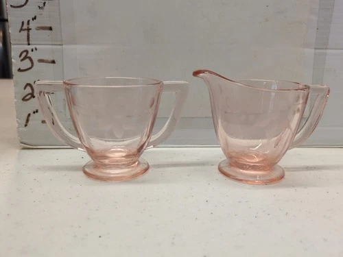 Floral Etched Pink Depression Glass Creamer And Sugar Cup Approximately 3" Tall