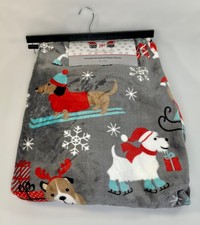 Christmas Dogs Oversized Plush Throw Blanket 50" x 70" Gray Holiday Fleece NEW