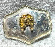 Small Horse In Horseshoe Belt Buckle Silver Flower Filigree Oval Shape Small EC