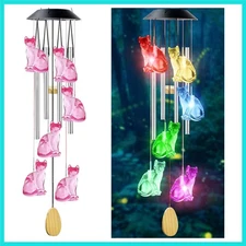 Cat Solar Wind Chimes for Outside - Color Changing LED Solar Hanging Lights O...