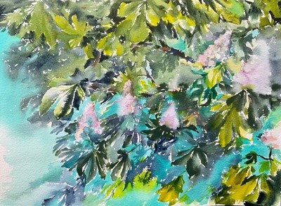 Original watercolor painting '' The chestnut tree is blooming'' 56х42, I. Tarasova