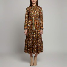CH Carolina Herrera Brown Floral Print Silk Flared Midi Dress S