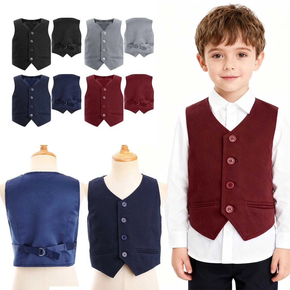 UK Boys 4 Button Solid Color Formal Suit Waistcoat Wedding Dressy Gentleman Vest - Image 1 of 2