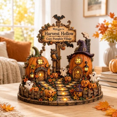 Halloween Pumpkin Village Wooden Block, Cozy Fall Harvest Decor