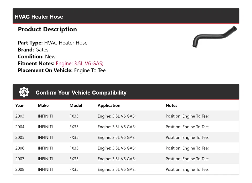 Manguera de calentador de gas para puertas de entrada Infiniti FX35 2003-2008 3,5 L V6 Foto 2 de 4