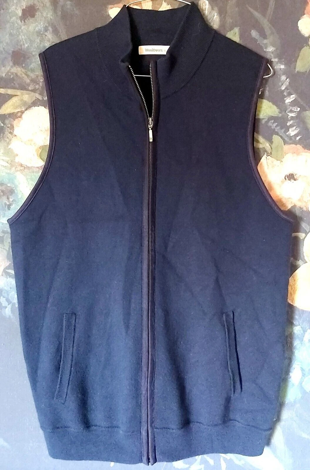 WoolOvers Mens Vest Navy Wool Organic Cotton Blend Full Zip size Large