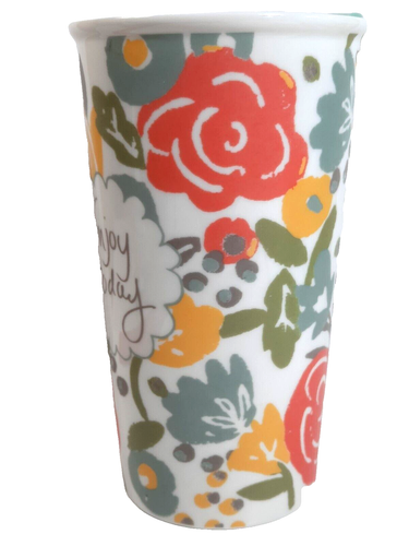 TAG Tea Coffee Travel Mug Porcelain ENJOY TODAY Script Floral Roses - Picture 2 of 12