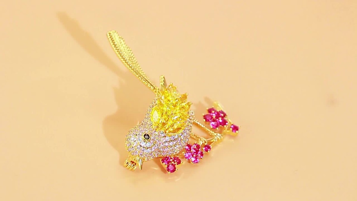 Women Cute Flower Bird Brooch Gold Plated Pin Cubic Zirconia