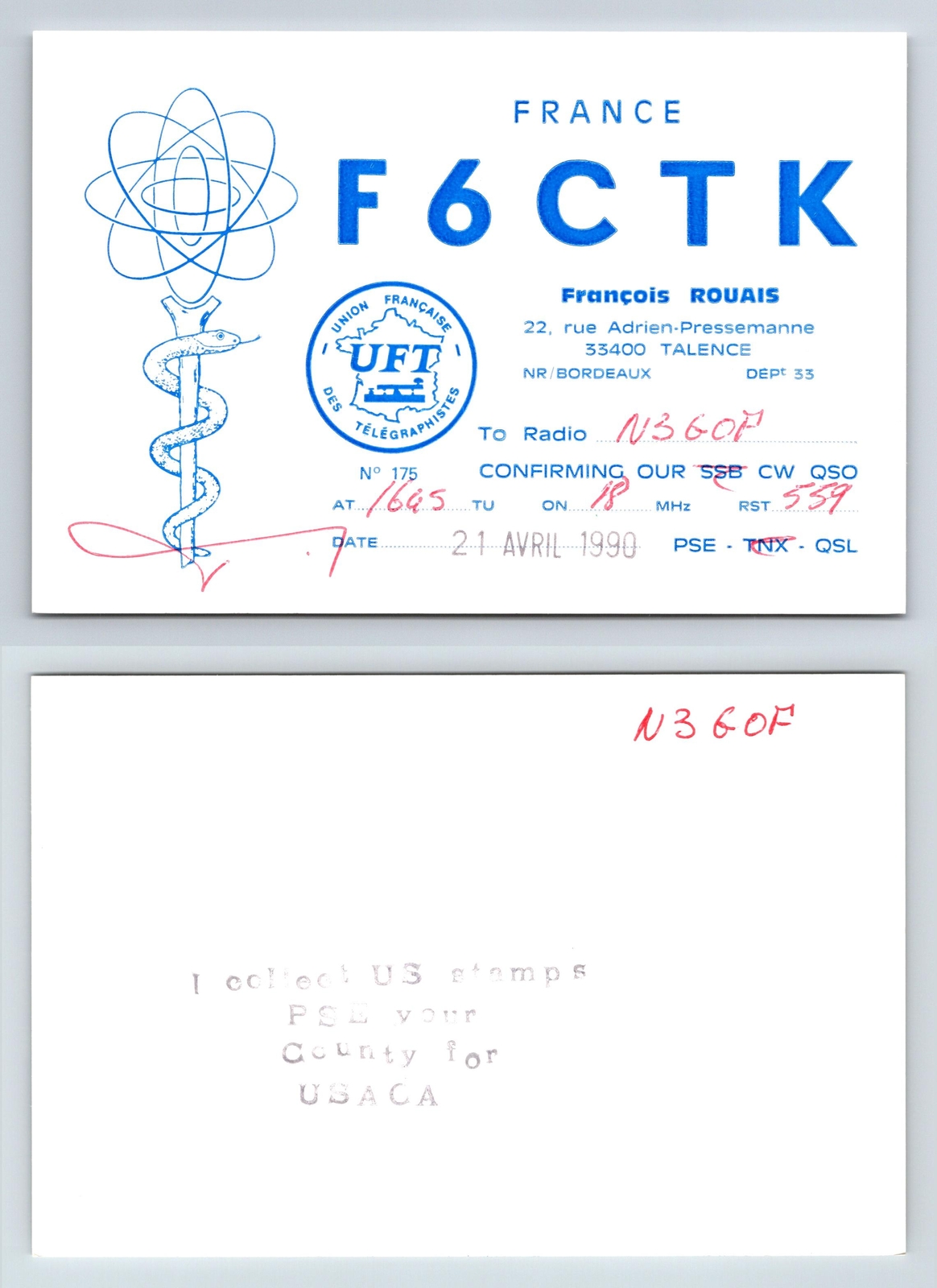 Ham Radio QSL QSO Postcard F6CTK, Talence, 33, France eBay