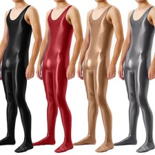 Men's Sleeveless Satin Shiny Glossy Tank Top Jumpsuit Catsuit Wet Look Bodysuit
