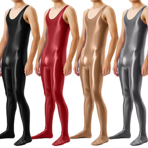 Men's Sleeveless Satin Shiny Glossy Tank Top Jumpsuit Catsuit Wet Look Bodysuit - Picture 1 of 20