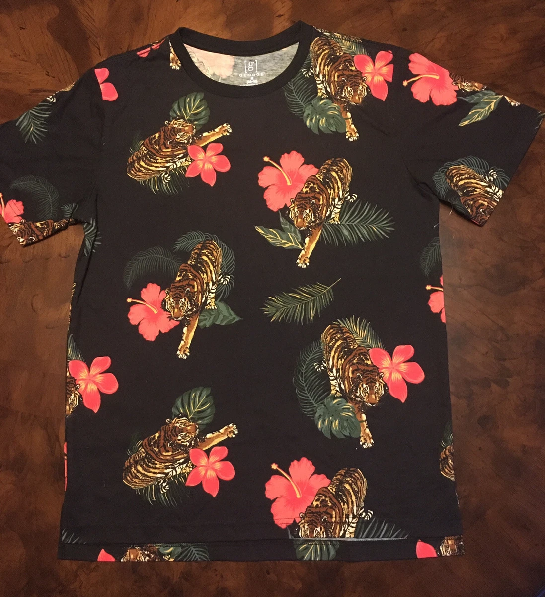 George HAWAIIAN Floral TIGER Print Shirt ~ 🌺 🐅 Black Pink Flower Big Cat M