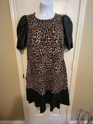 Michael Kors Plus Size Ponte Leather Mix Dress Dark Camel Cheetah 0X (12W)-NEW