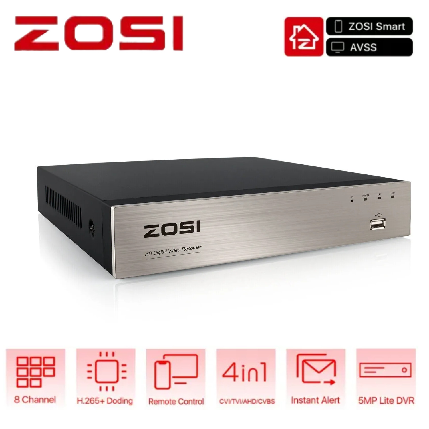 ZOSI H.265+8CH 5MP Lite DVR with 0TB/1T/2T Hard Drive for Security Camera System