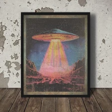 Vintage UFO Neon Dessert Wall Art, Sci-fi Western Poster, Alien Abduction Decor