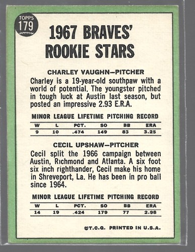 Charley Vaughan/Cecil Upshaw-Braves-1967 Topps Baseball Rookie Stars #179 - Picture 2 of 2