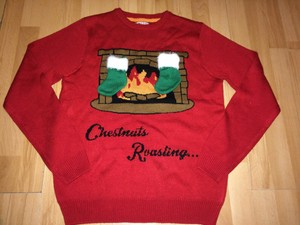 Mens Christmas Jumper Bright Red Fireplace Chestnuts Roasting Size
