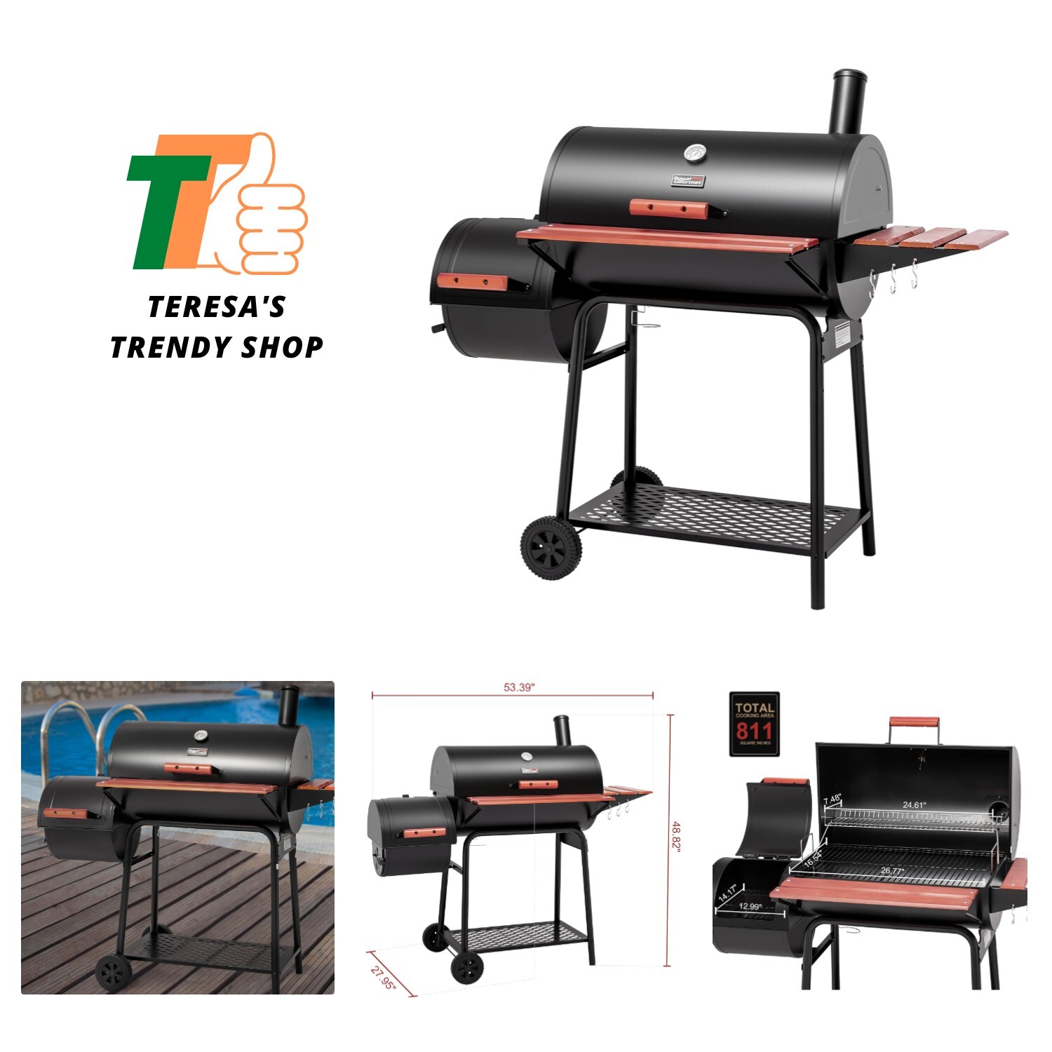 30-Inch Charcoal Grill with Offset Smoker and Wood-Painted S