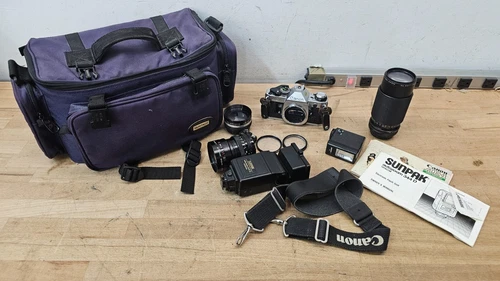 Vintage Canon AE-1 Program 35mm Film Camera w/ 3 Lens, Flash, & Bag USED