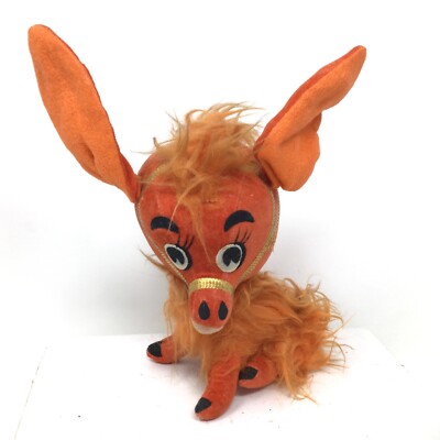 Peluche âne orange vintage 1967 Kamar Tijuana Japon bois sciure peluche 