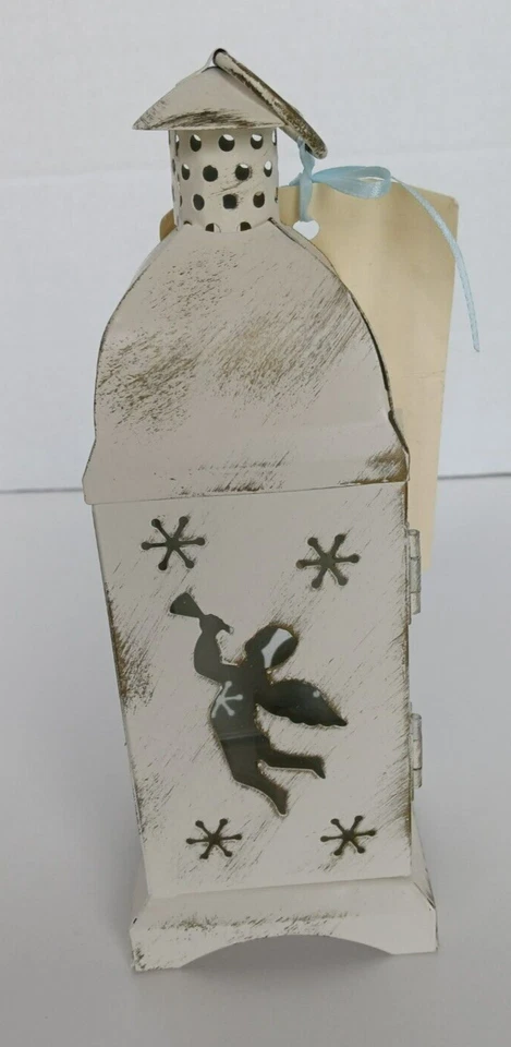 Candle Lantern Christmas White Galvanized Metal Angel Playing Horn 7.5" - Image 2 of 4