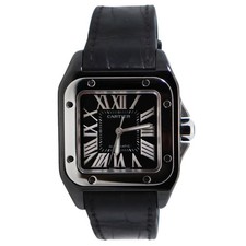 Cartier Santos Medium 100 Black Roman Dial on Leather W2020008 with Box