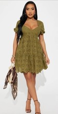 Womens FashionNova Ellie Eyelet Mini Dress Olive Green Fall Large NWT
