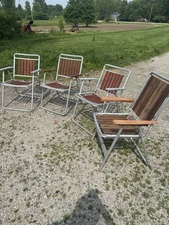 Set Of 4 MCM Double Barrel Aluminum Wood Slatted VTG Patio Chairs