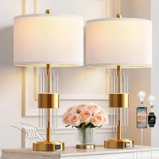 Qimh Gold Table Lamps for Bedroom Set of 2 with Nightlight, Modern Bedside Lamp