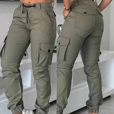 Women's High-Waisted Cargo Pants - Non-See-Through Work Pants With Drawstring Wa