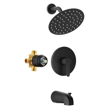 Black Tub Shower Faucet Set Complete 8 in Rain Shower Head and Tub Spout w/Valve