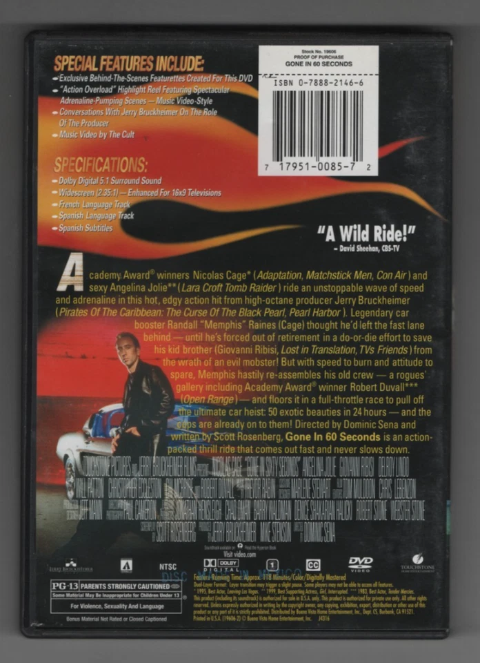 Gone in 60 Seconds (DVD, 2000) Nicolas Cage. Angelina Jolie. Action. Adventure - Image 2 of 2