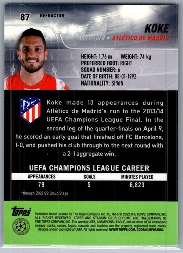 2022 Topps Stadium Club Cromo #87 Koke Rifrattore Atletico de Madrid - Foto 2 di 2